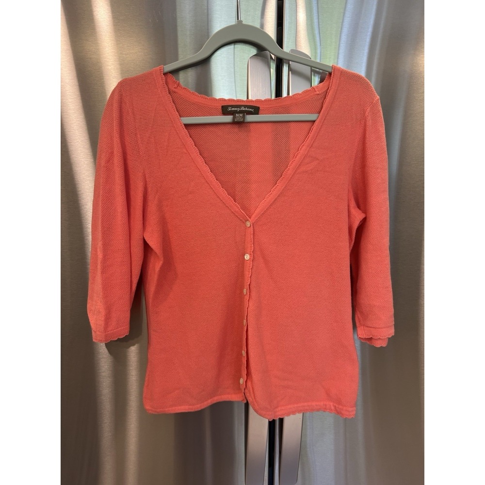 Tommy Bahama Women's Medium Coral Cardigan Sweater Button Front 3/4 Sleeve